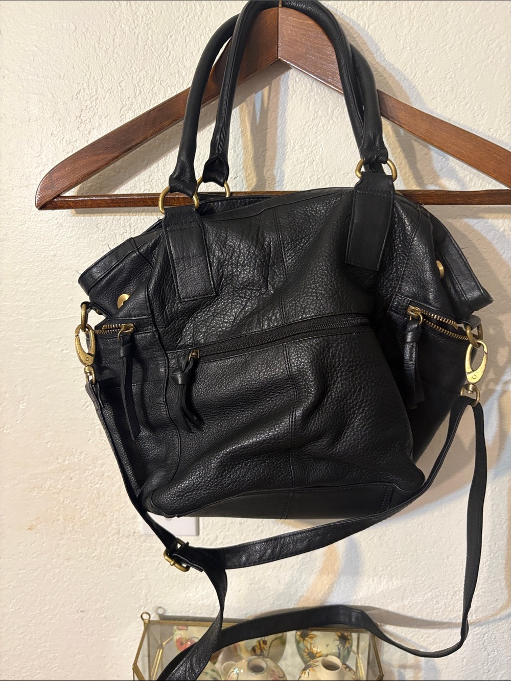 Classic Black Pebbled Shoulder Bag with Gold Hardware